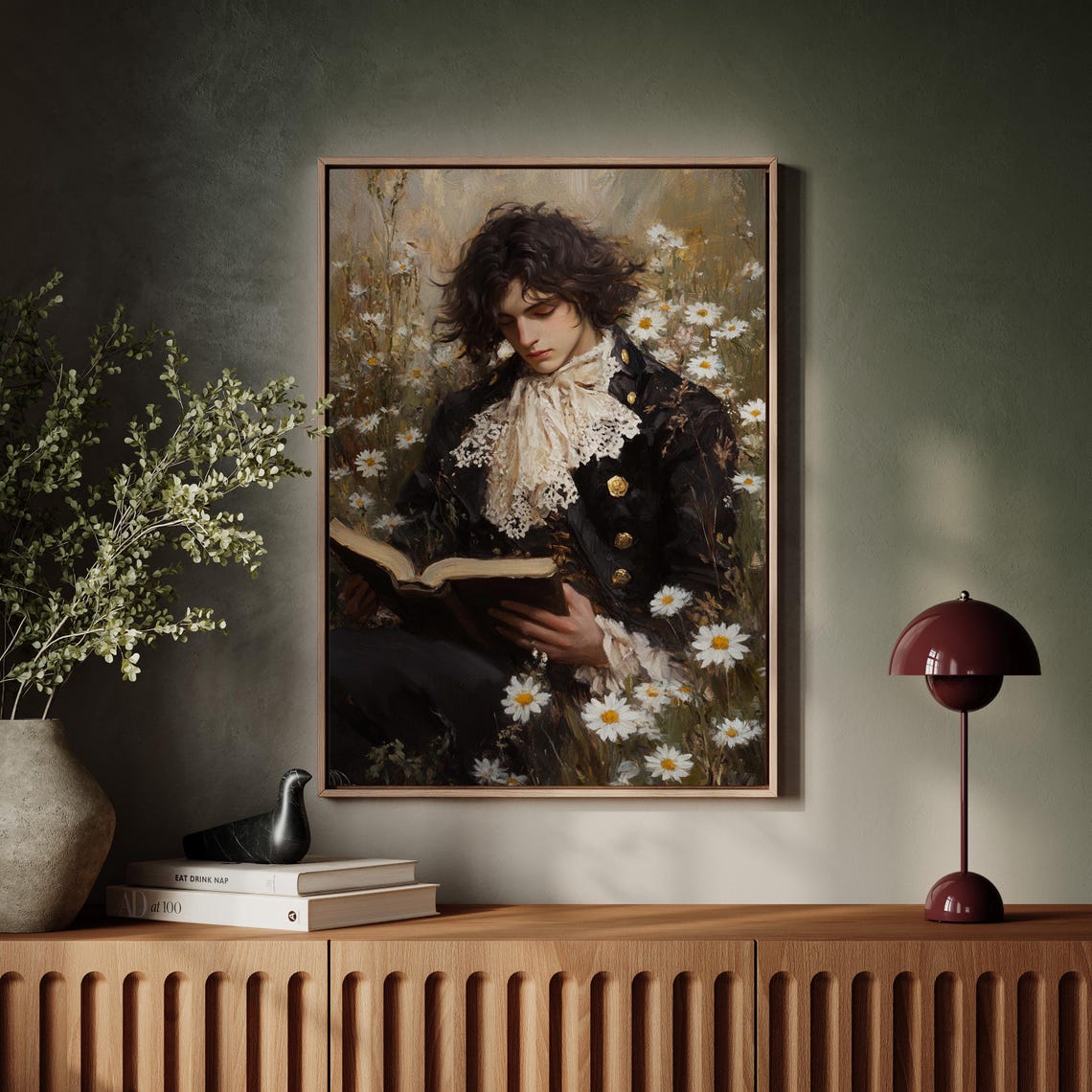 Romantic Young Man Reading Book Among White Daisies Meadow Poster
