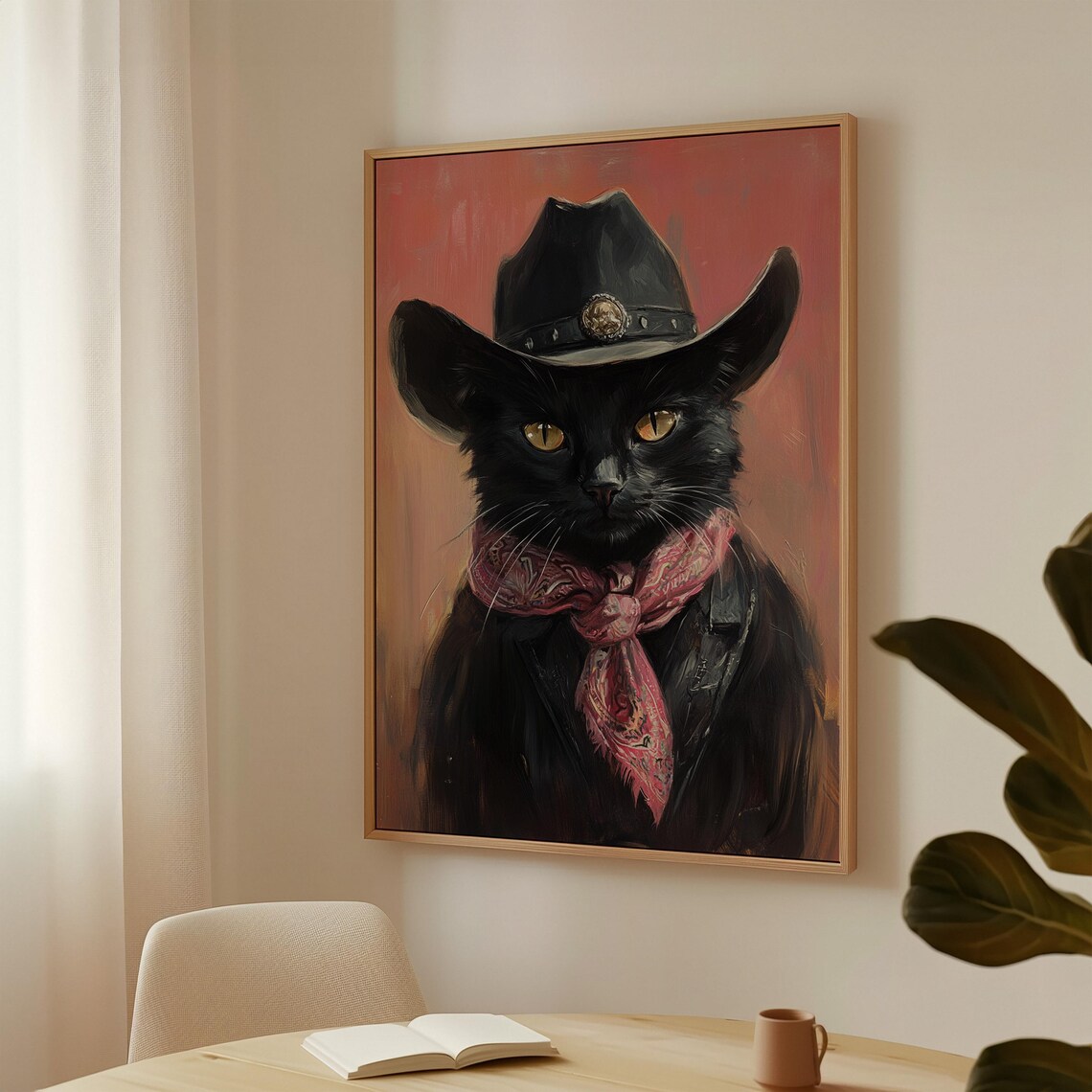 Cowboy Cat Wall Art, Rustic Vintage Feline Portrait