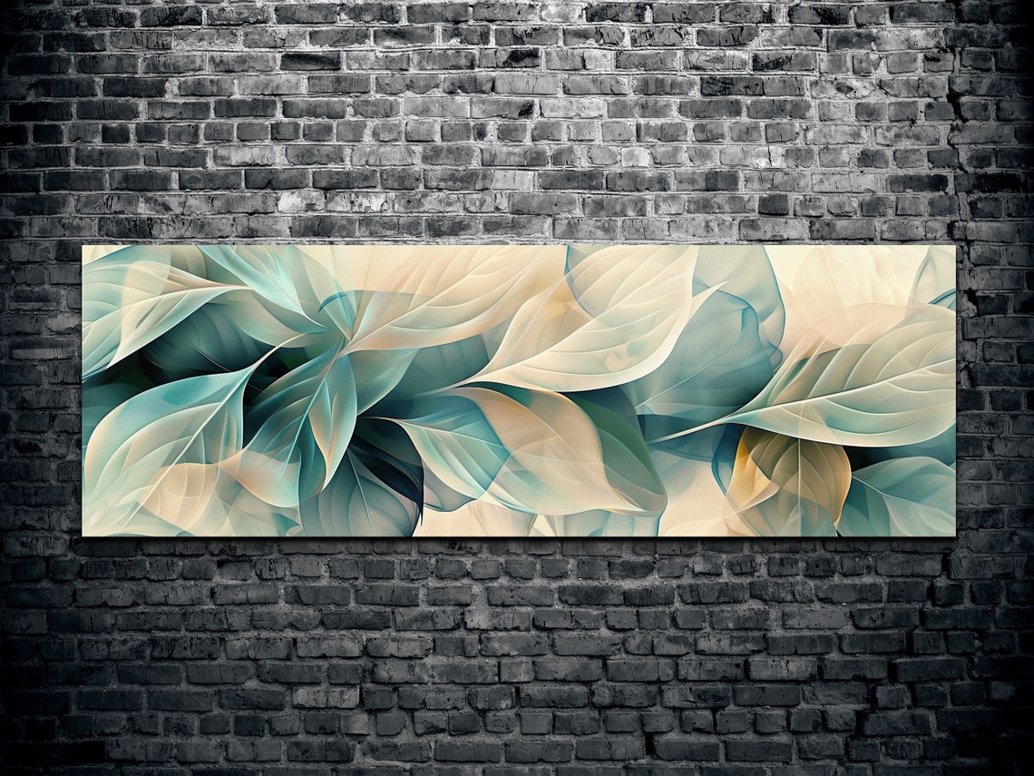 Abstract Teal and Cream Leaves Overlapping Botanical Art Poster - Image 2