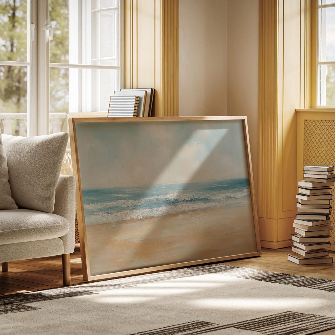 Serene Beach Scene Soft Ocean Waves Sandy Shore Pastel Coastal Poster - Image 6