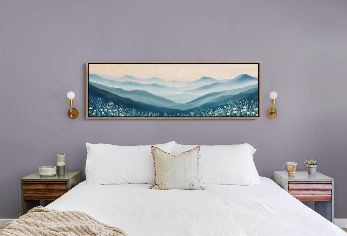 Layered Blue Mountains at Sunrise With Wildflowers Panorama Poster