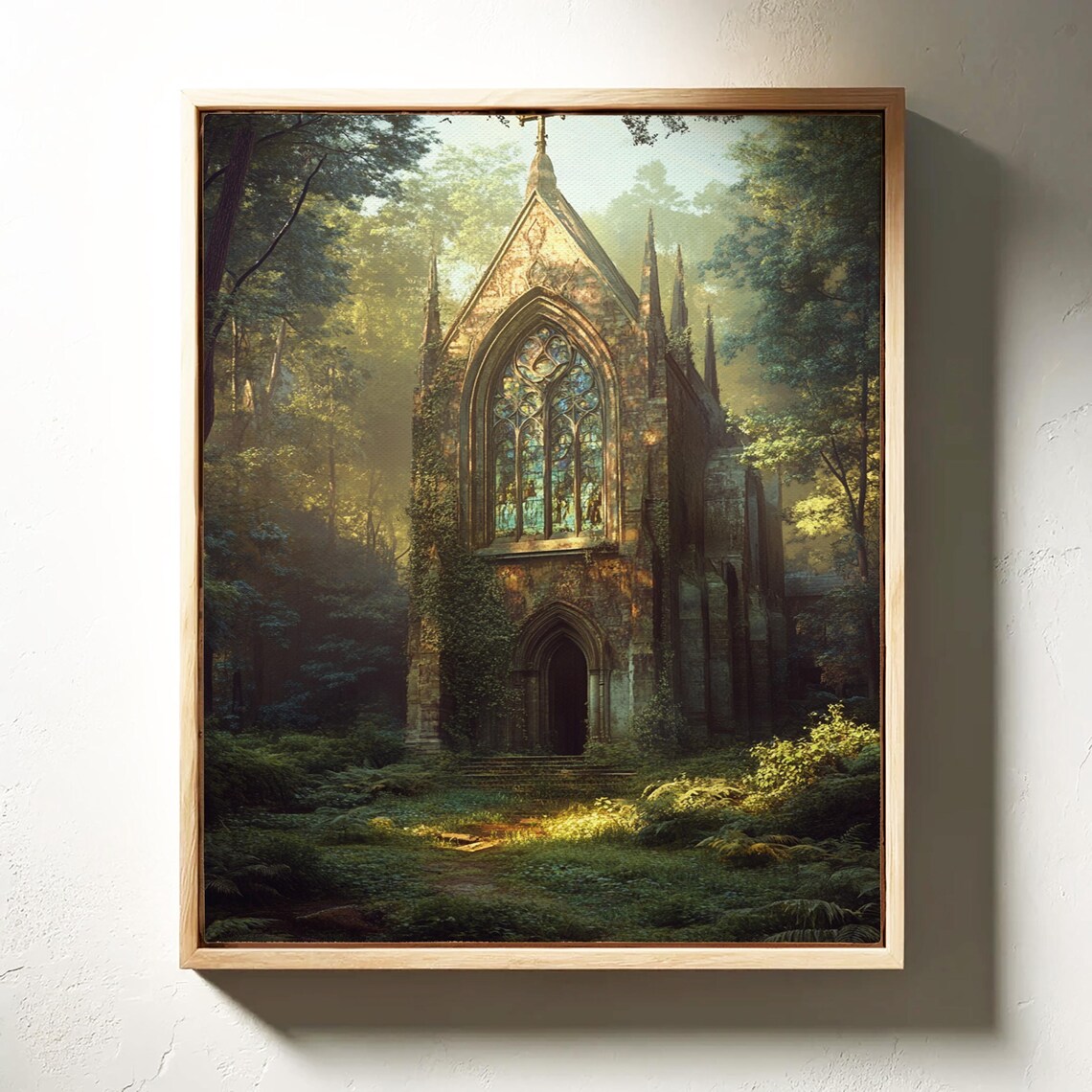 Abandoned Gothic Church, Sunlit Forest Art Print - Image 4