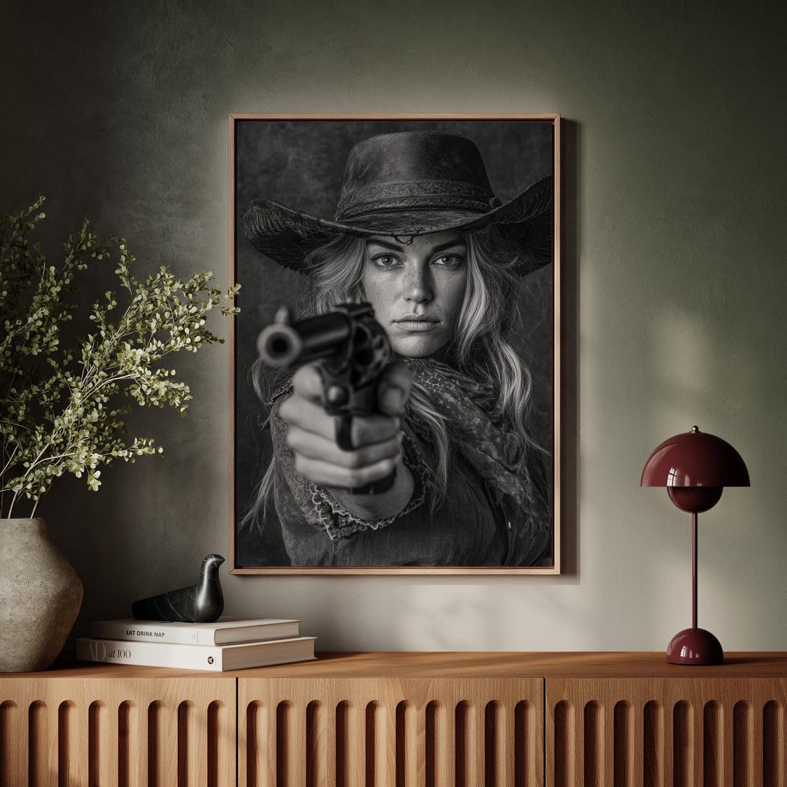 Cowgirl Gunslinger Aiming Revolver Dramatic Western Portrait Poster