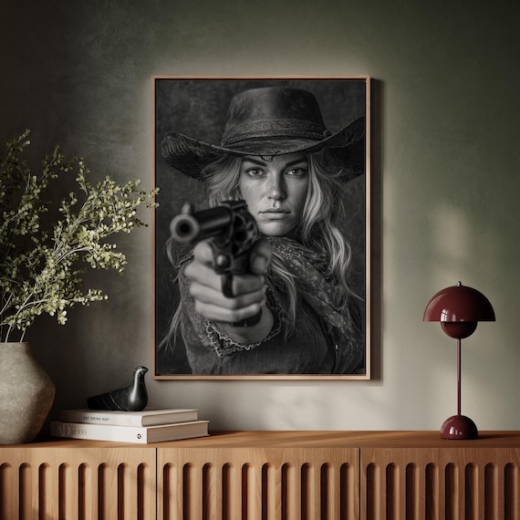 Cowgirl Gunslinger Aiming Revolver Dramatic Western Portrait Poster