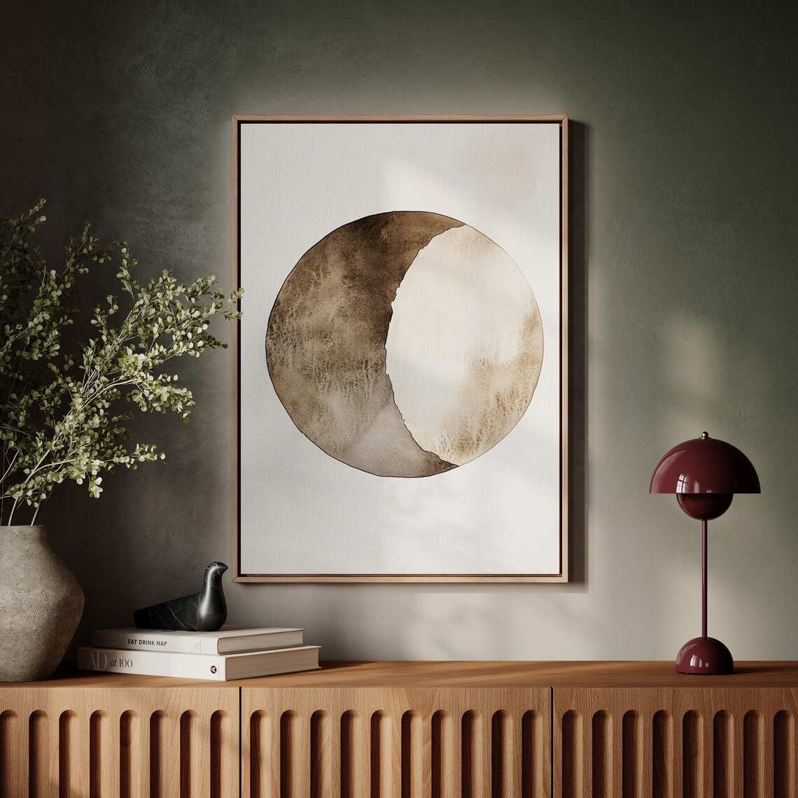 Earthy Brown Full Moon With Crescent Shadow Watercolor Wall Art - Image 5
