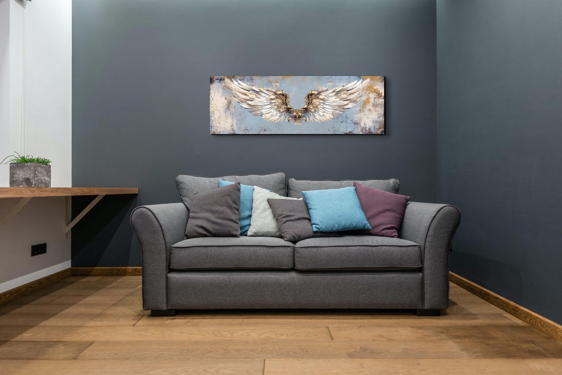 Spread Angel Wings Distressed Blue Panoramic Spiritual Art Poster - Image 4