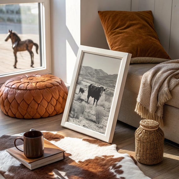 Longhorn Cattle In Desert Mountain Landscape