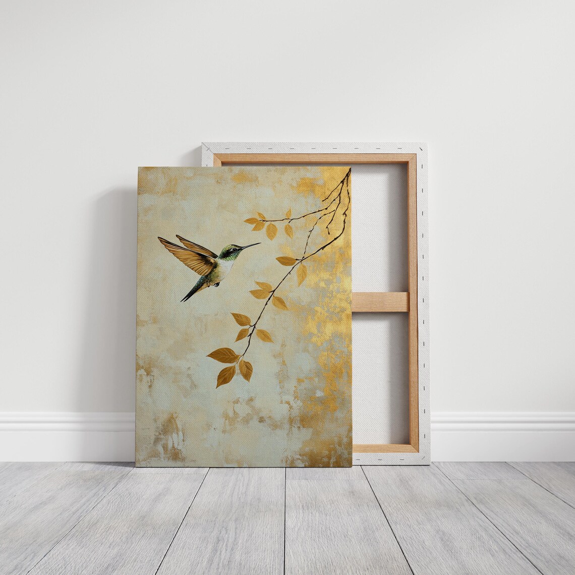 Hummingbird and Gold Leaf Minimalist Nature Art Print - Image 4