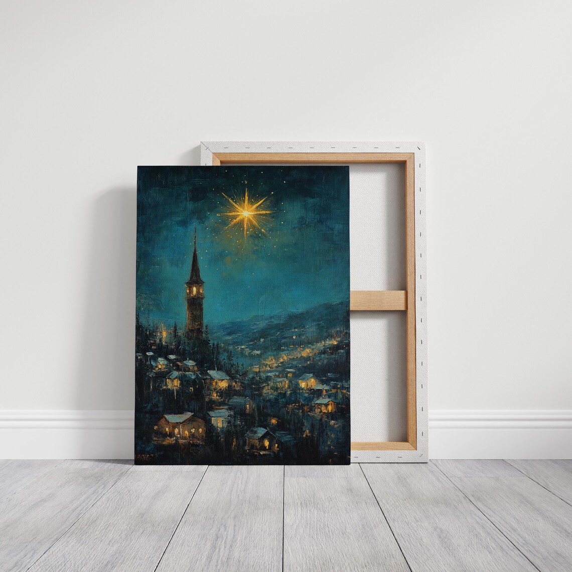 Christmas Star Over Village Church Steeple Night Winter Scene Poster - Image 3