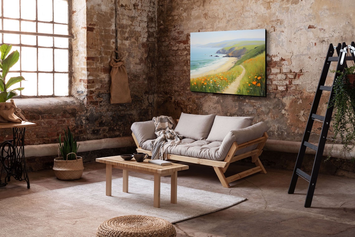 California Coast With Orange Poppies Above Sandy Beach Art Poster - Image 3