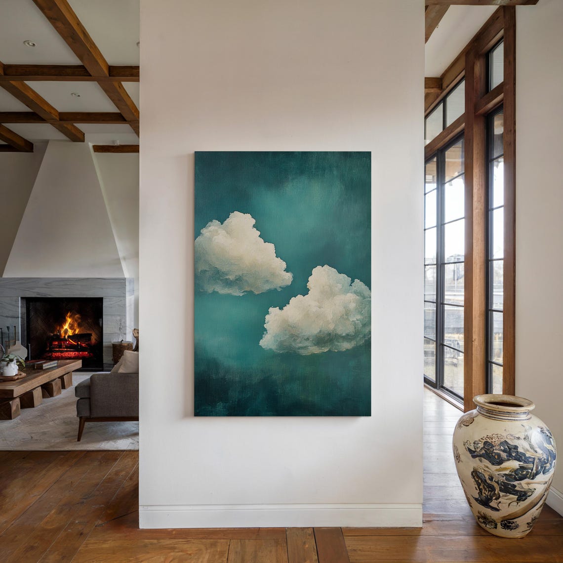 Minimalist Cloudscape Two White Clouds Deep Teal Sky Scene Poster - Image 5