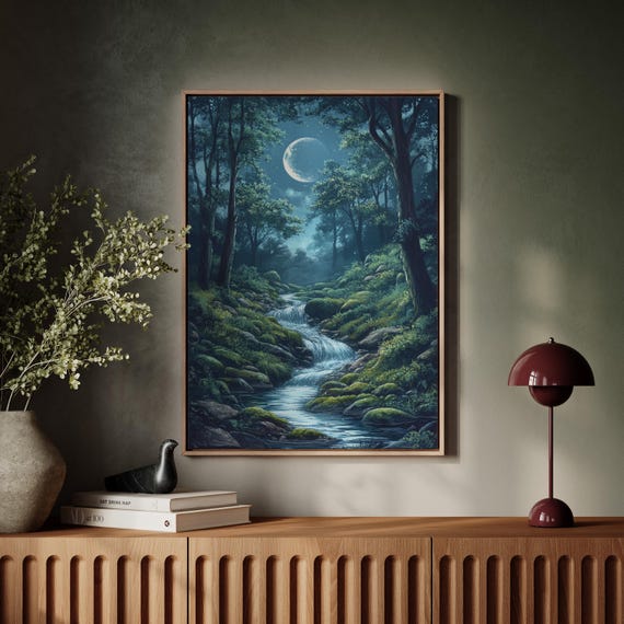 Enchanting Forest Stream Under Moonlight Serene Nature Wall Art For Tranquil Home Decor