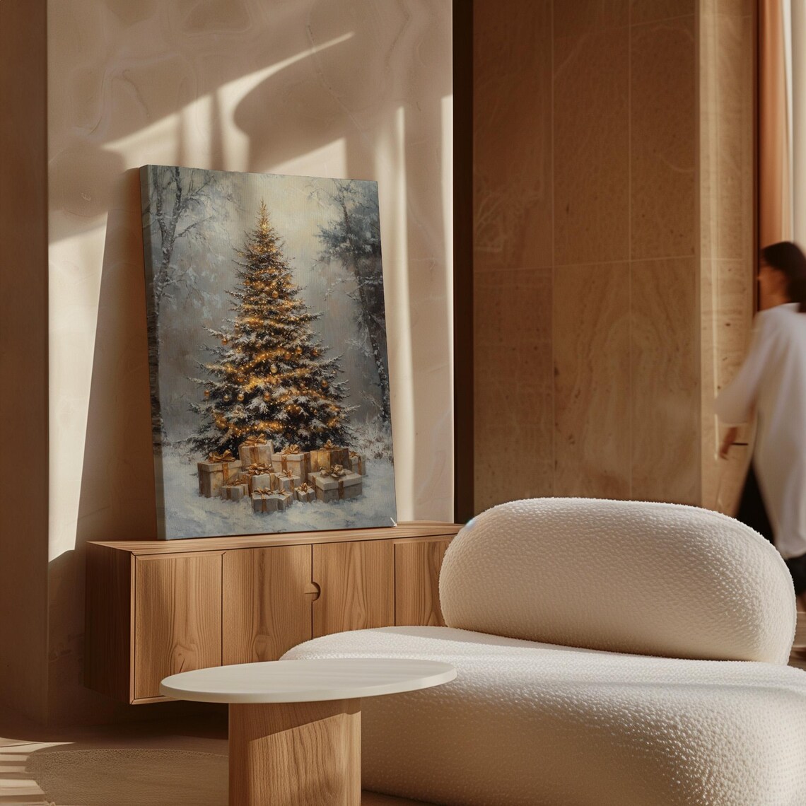 Golden Lit Christmas Tree with Gifts in a Winter Snow Poster - Image 7