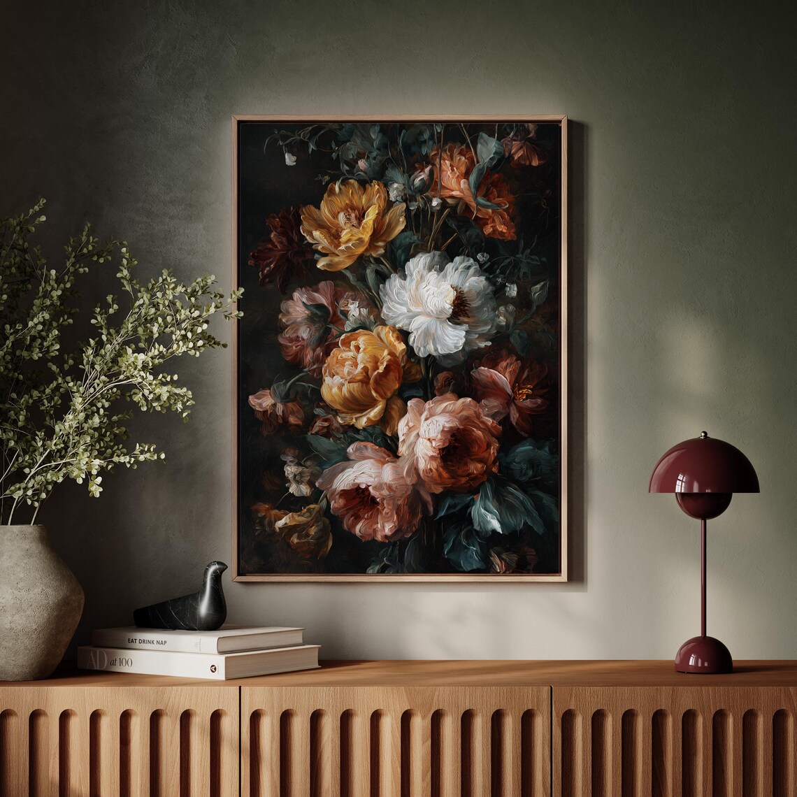 Dark Moody Peonies Floral Bouquet Dramatic Baroque Style Art Poster