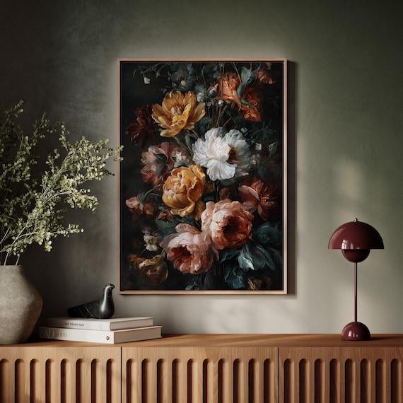 Dark Moody Peonies Floral Bouquet Dramatic Baroque Style Art Poster
