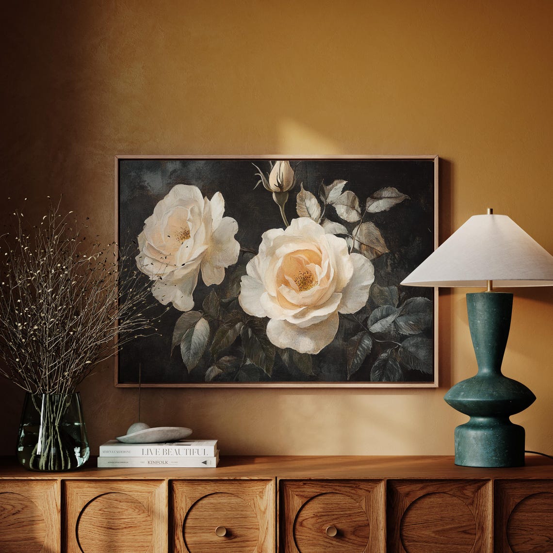 Cream Roses On Dark Background Romantic Vintage Oil Floral Poster - Image 6