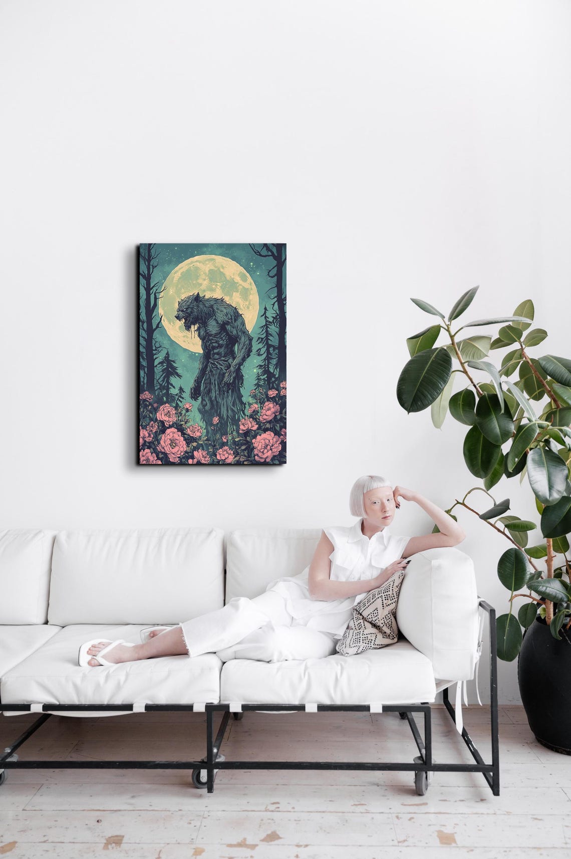 Werewolf Standing Among Moonlit Roses Full Moon Horror Art Poster - Image 5