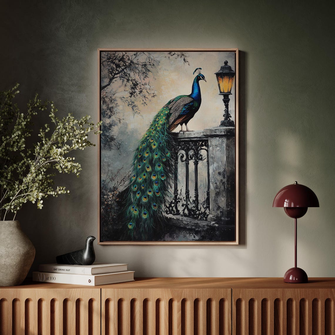Elegant Peacock On Stone Ledge Beside Antique Lamp Art Poster - Image 6