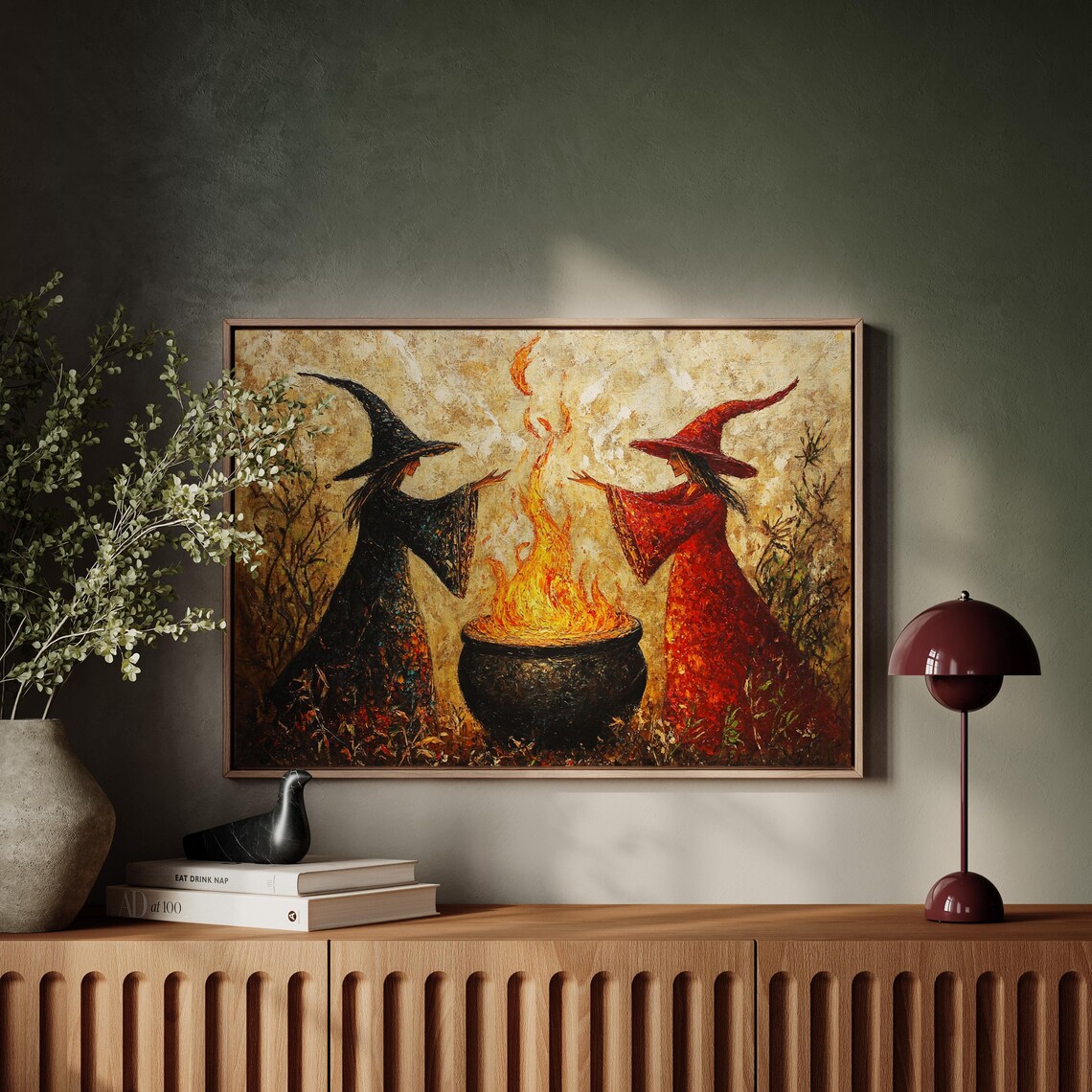Mystical Witch Sisters Casting Fire Spell, Halloween Art Print - Image 5