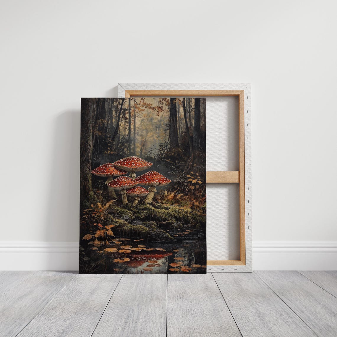 Red Fly Agaric Mushrooms by a Still Forest Pond Reflections Poster - Image 3