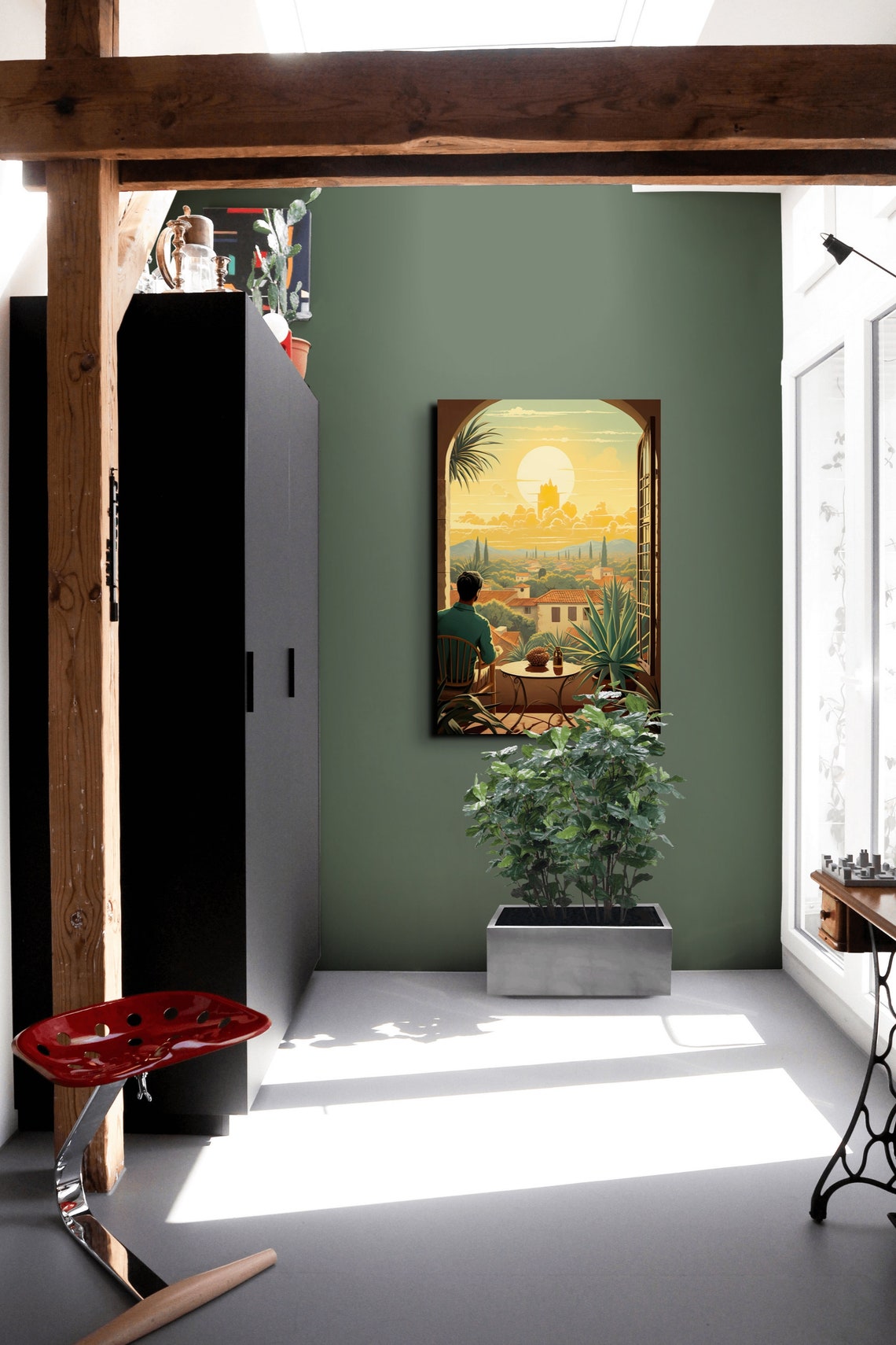 Sunlit Balcony Overlooking Mediterranean Old Town Scene Poster - Image 3