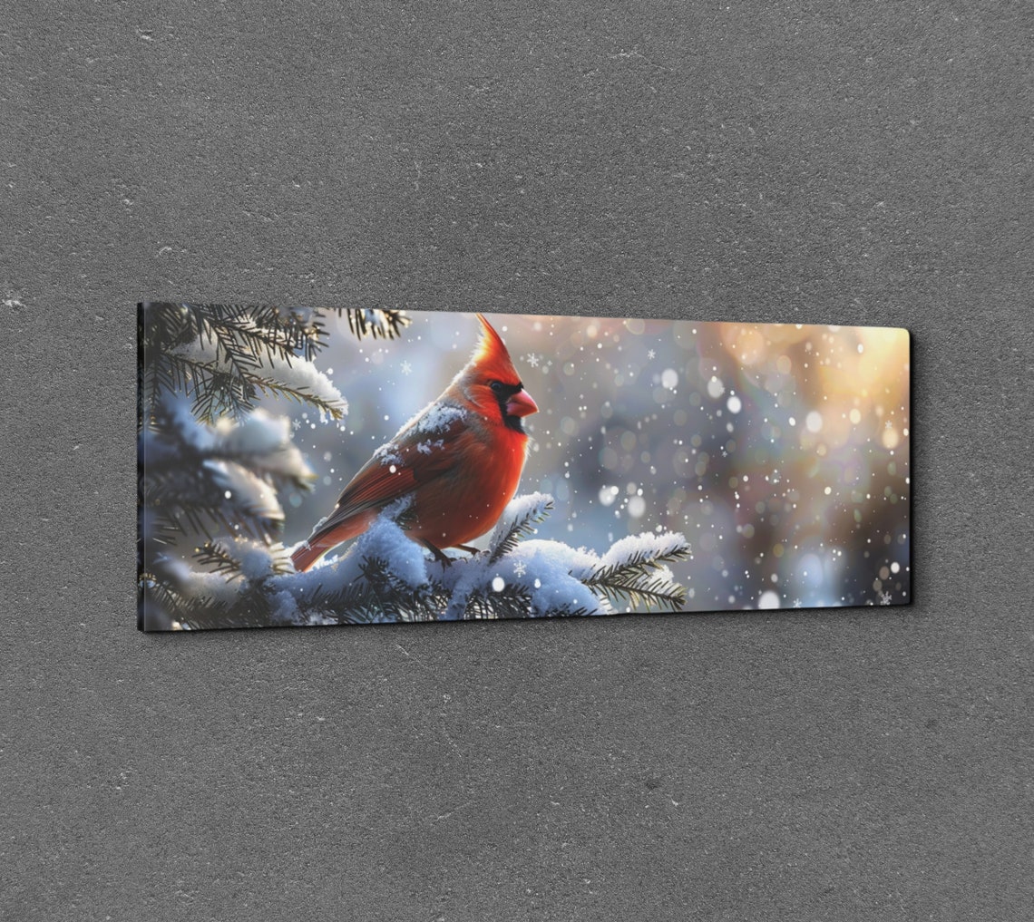 Red Cardinal Perched on a Snow Covered Pine Branch Panoramic Poster - Image 7