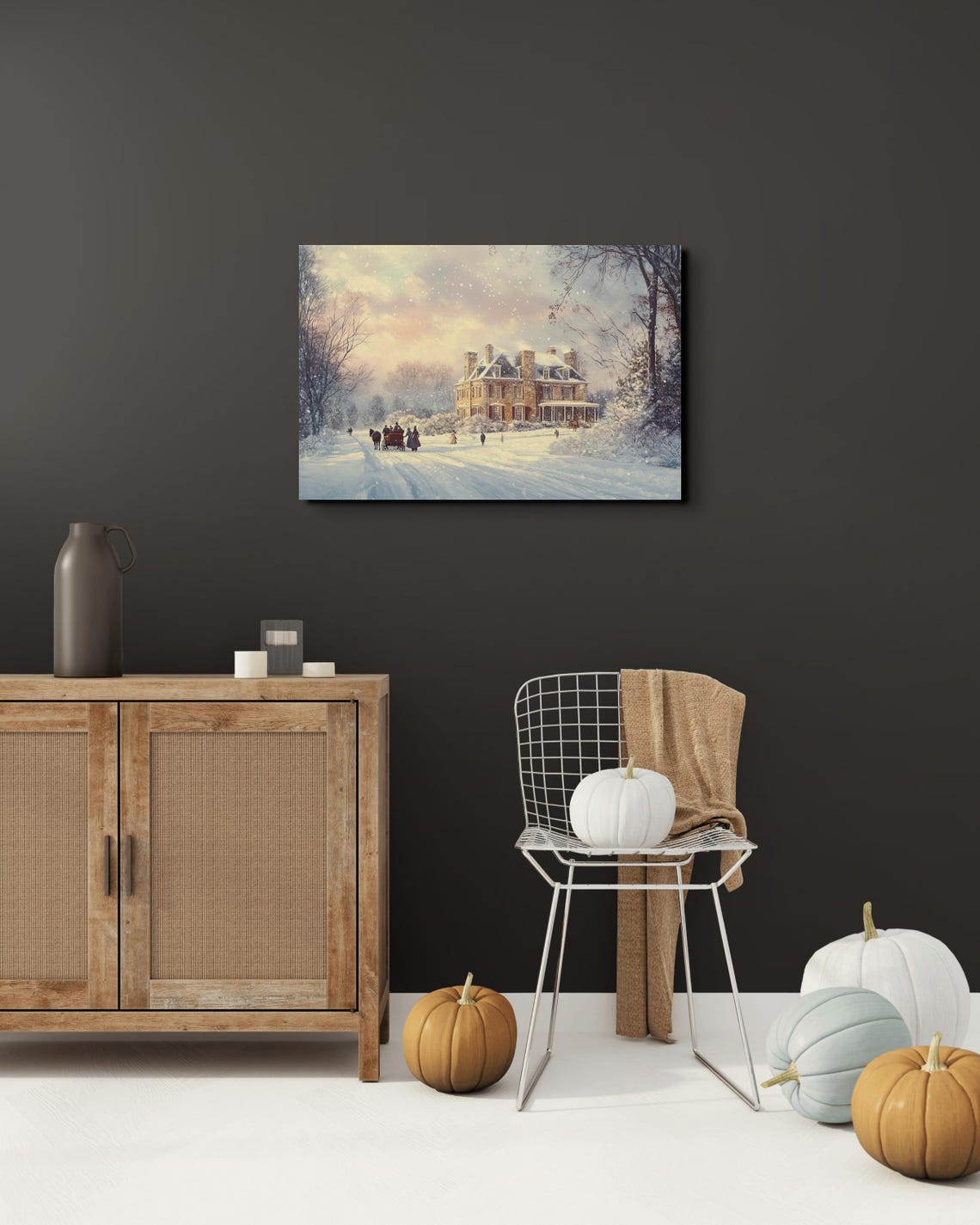Snowy Manor Horse Sleigh Dusk Vintage Christmas Scene Poster - Image 3