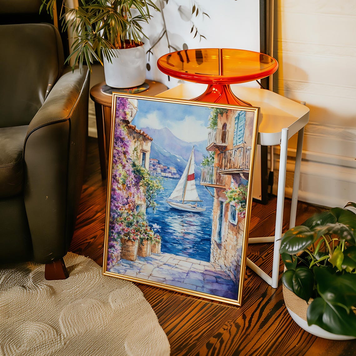 Seaside Sailboat Coastal Village Mediterranean Watercolor Poster