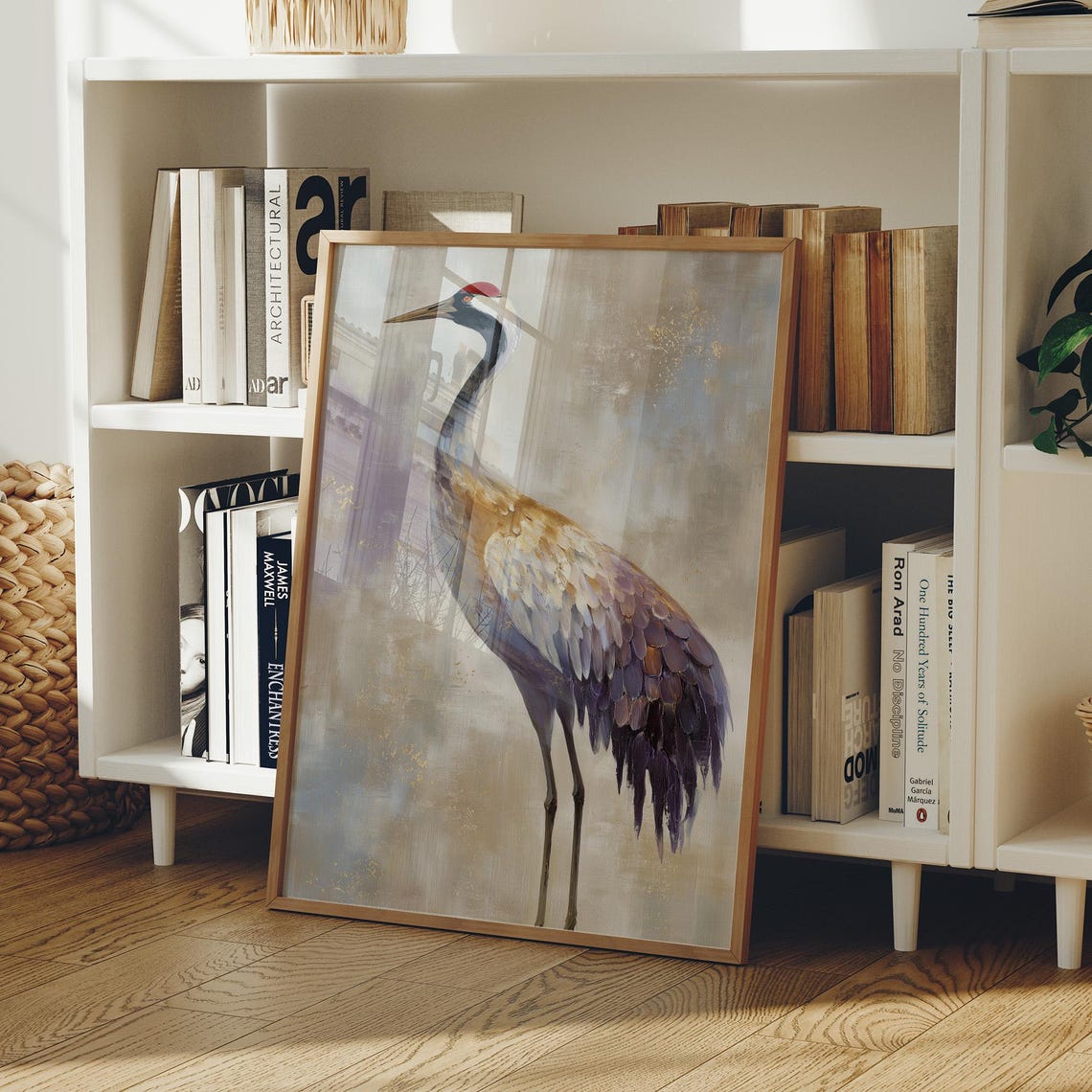 Elegant Grey Crane Standing Muted Watercolor Bird Art Poster