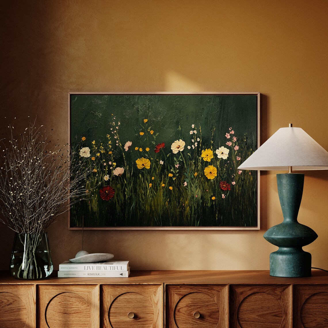 Wildflower Meadow Dark Green Background Vibrant Oil Paint Poster
