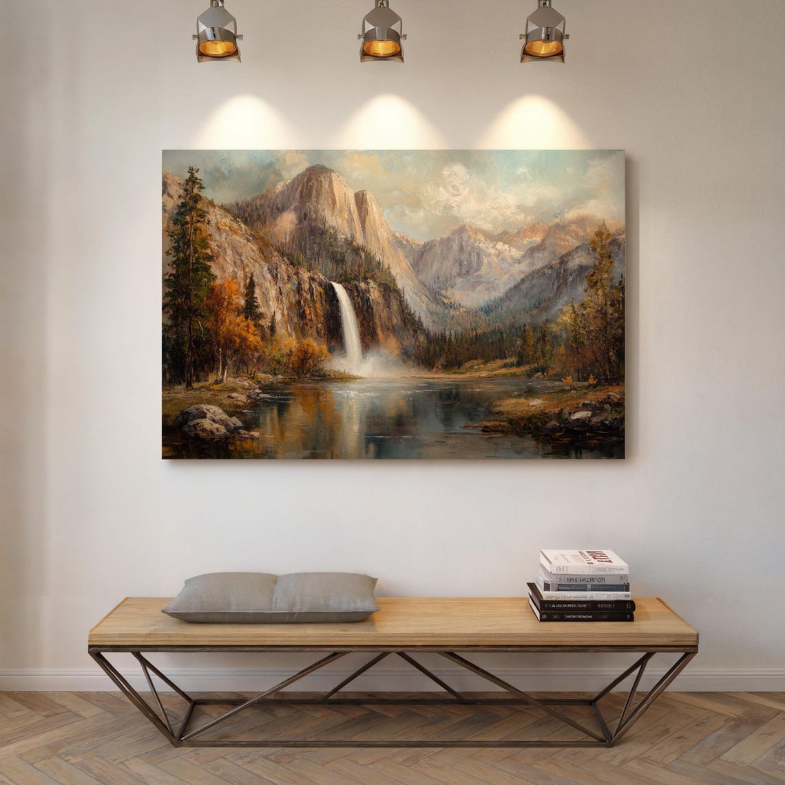 Autumn Waterfall Mountain Lake Golden Trees Reflection Art Poster