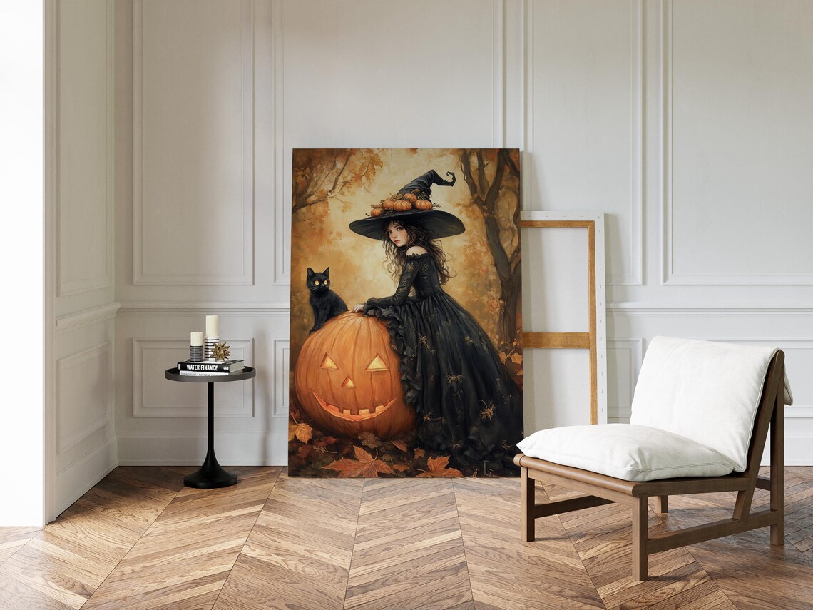 Gothic Witch Girl With Black Cat And Jack O Lantern Autumn Forest Poster - Image 3