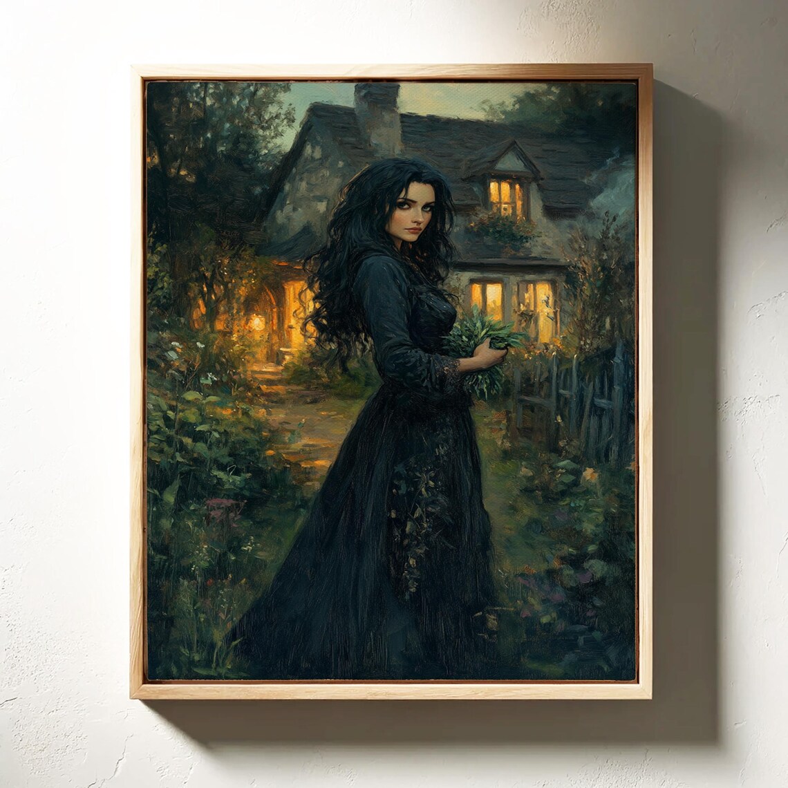 Elegant Woman in Black Gown Outside a Lit Cottage at Night Poster - Image 6
