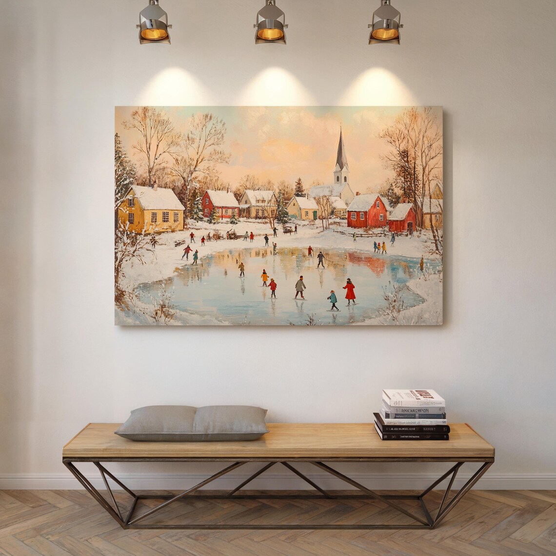 Charming Winter Village Ice Skating Pond Snowy Festive Scene Poster - Image 4