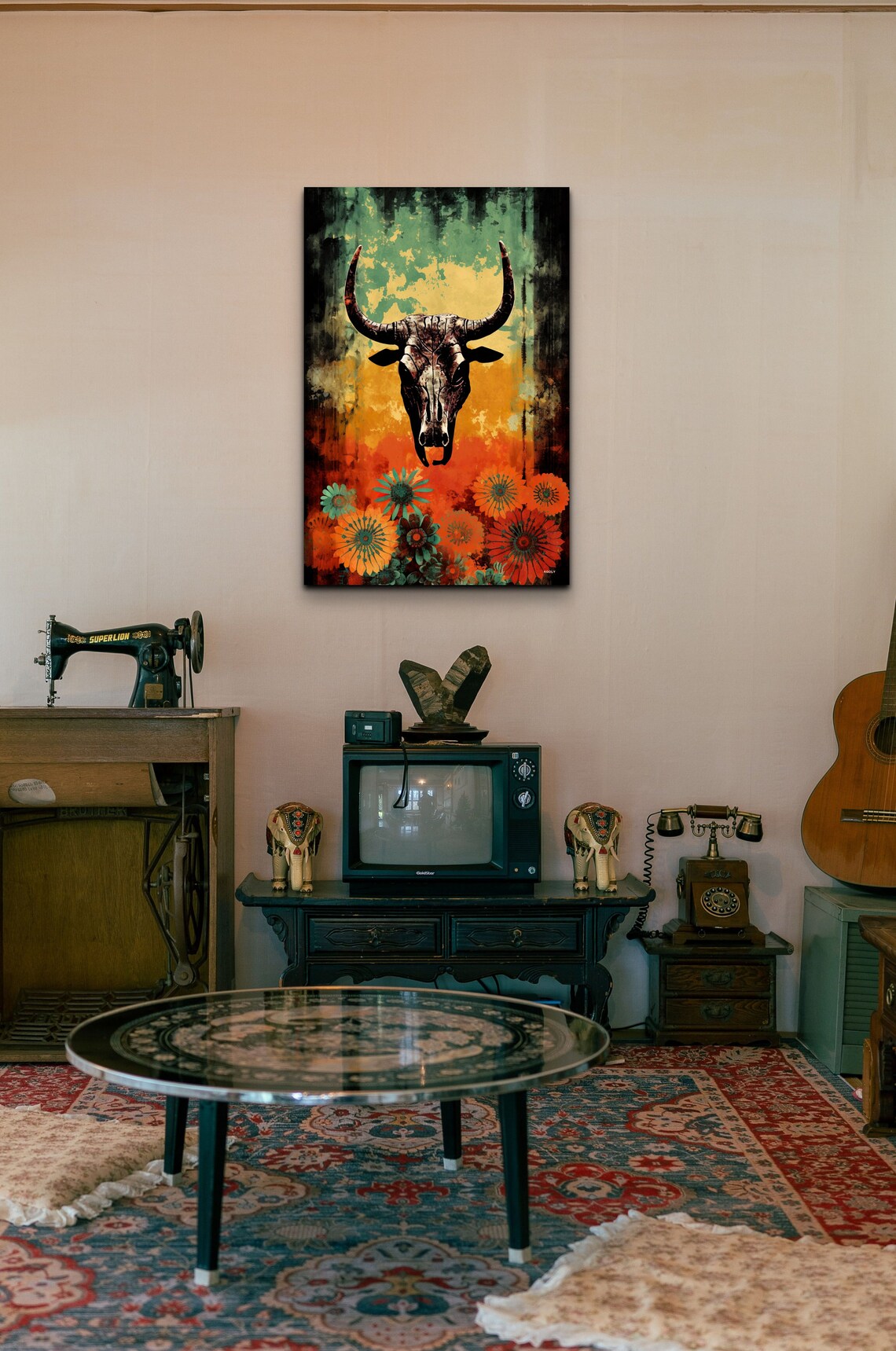 Longhorn Skull Floral Art Teal Orange Southwest Western Poster - Image 2