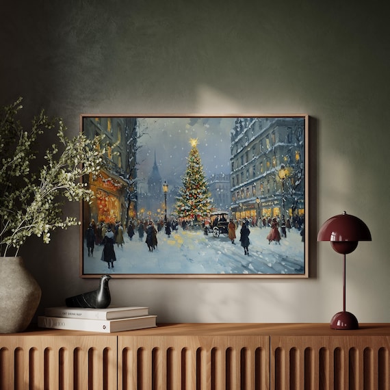 Vintage Snowy Christmas Town Street with Tree Festive Winter Painting Poster