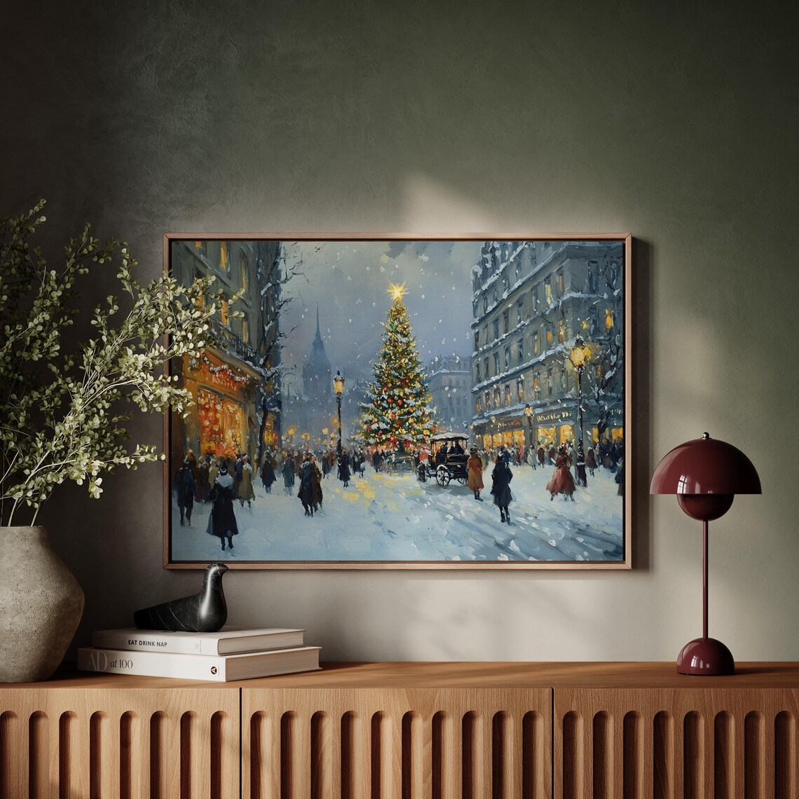 Vintage Snowy Christmas Town Street with Tree Festive Winter Painting Poster