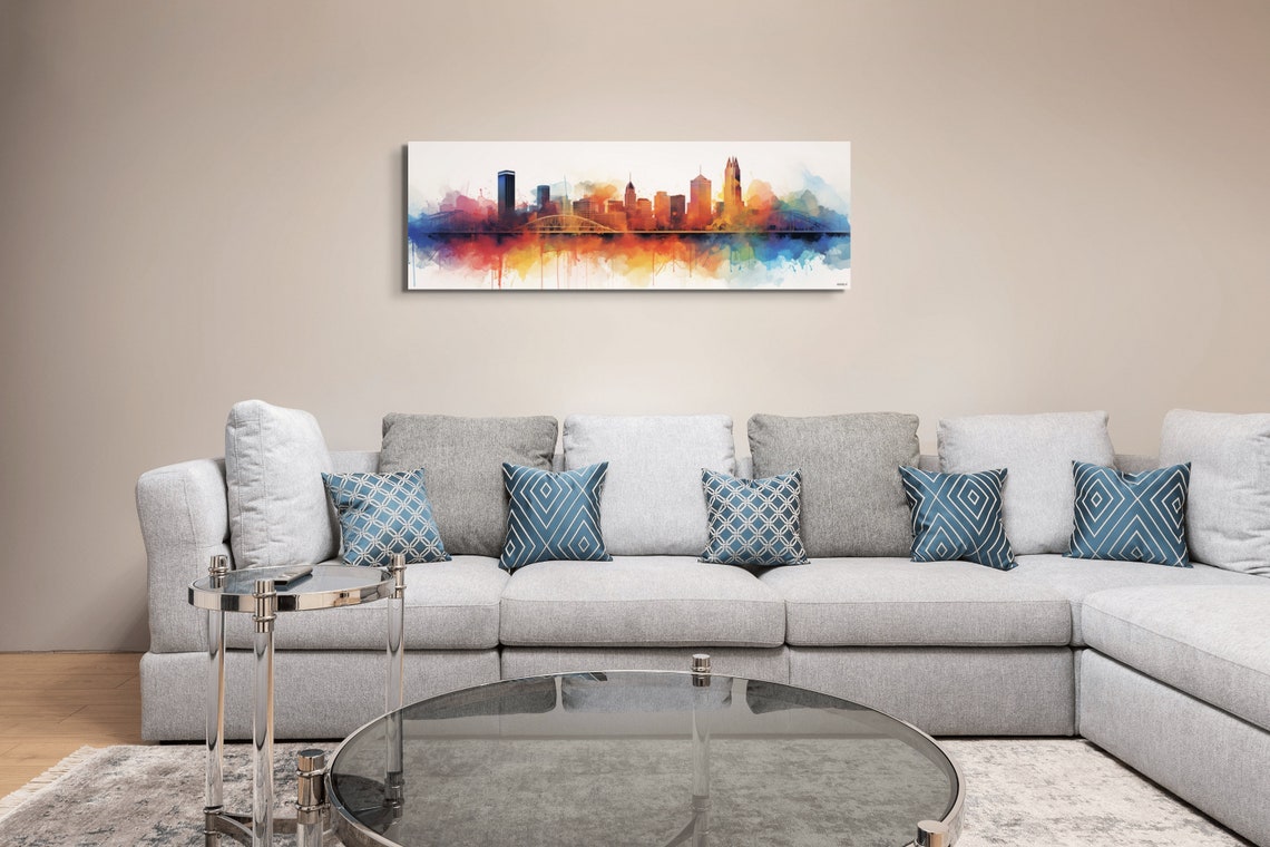 Pittsburgh Skyline Watercolor Poster With Colorful River Reflections - Image 4