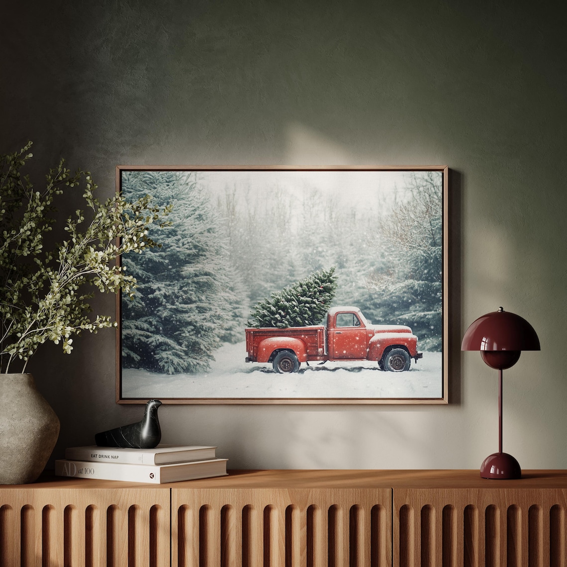 Vintage Red Truck Hauling a Christmas Tree Through Falling Snow Poster - Image 4