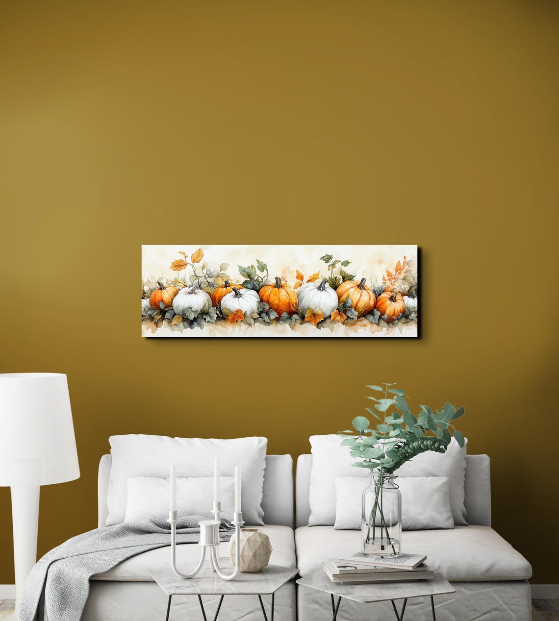 Orange White Pumpkin Row With Ivy Autumn Harvest Still Poster - Image 5