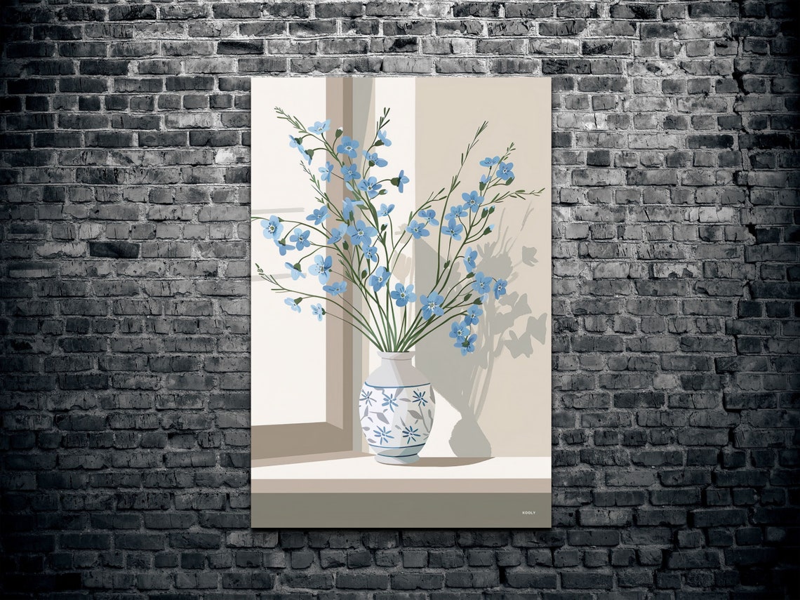 Blue Flowers in Patterned Vase by Sunlit Window Minimalist Art Poster - Image 2
