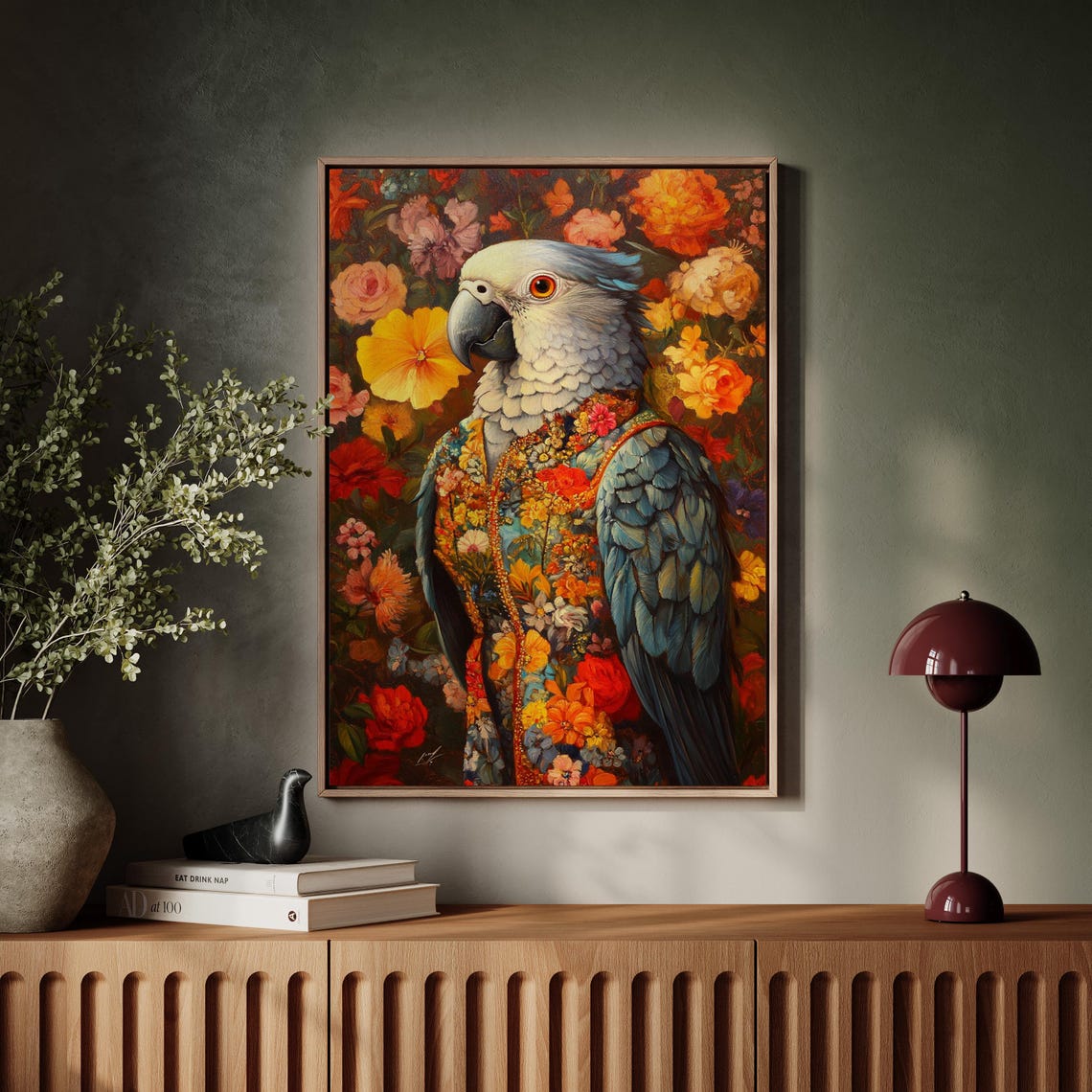 African Grey Parrot in Floral Brocade Jacket Portrait Poster - Image 7
