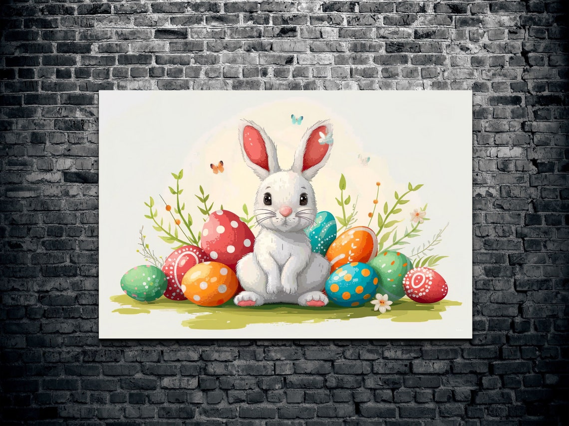 Cute White Easter Bunny Watercolor Decorated Eggs Spring Poster - Image 2