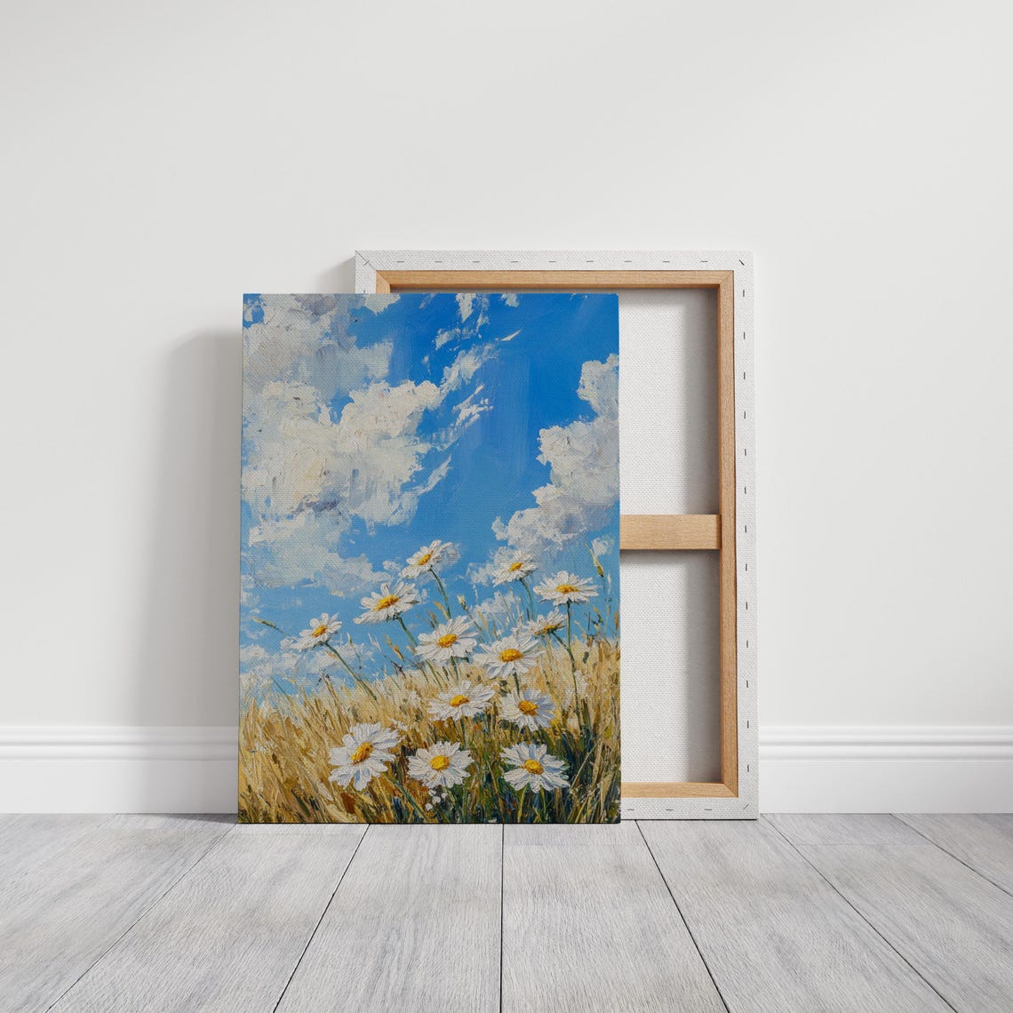 White Daisies Golden Wheat Field Bright Blue Cloud Sky Poster - Image 3