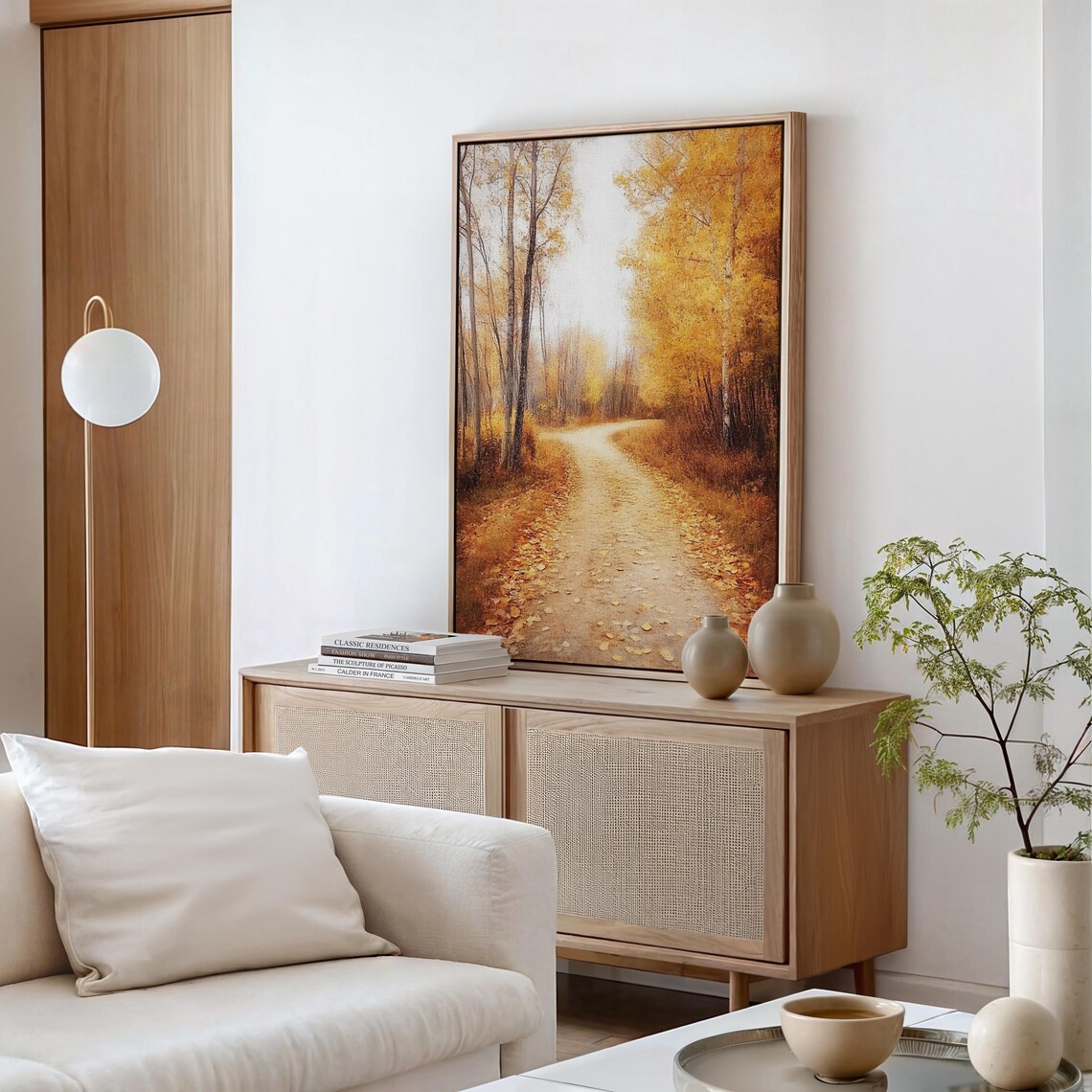 Golden Autumn Birch Path with Falling Leaves Winding Forest Road Poster - Image 6