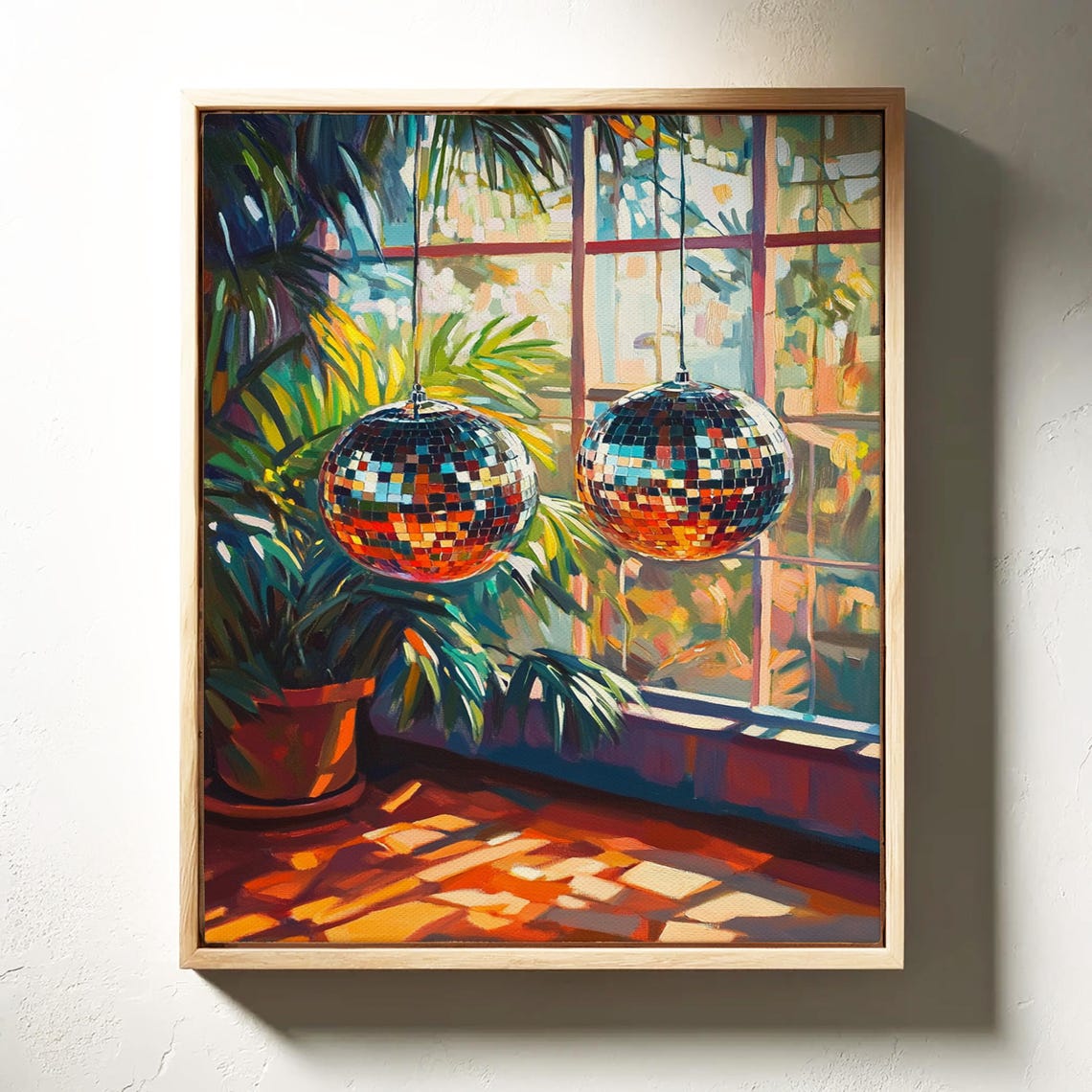 Retro Disco Ball Art Vibrant Sunlit Scene With Hanging Disco Balls Tropical Plants And Warm Sunset Tones Funky Wall Decor - Image 7