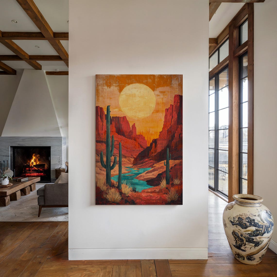 Sunset Desert Canyon With Red Cliffs And Turquoise River Poster - Image 2