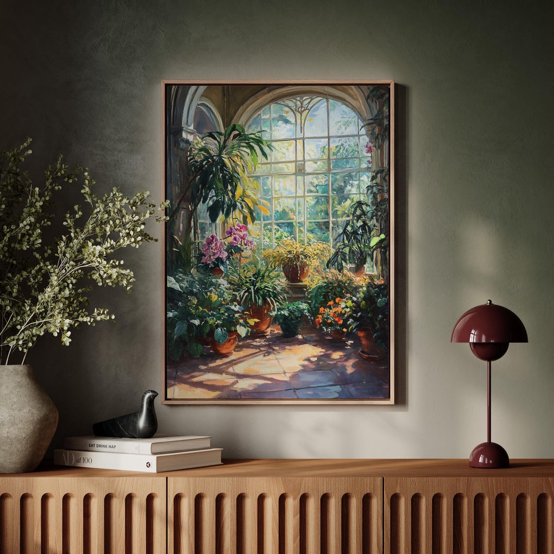 Sunlit Conservatory Interior With Arched Windows Lush Plants Poster