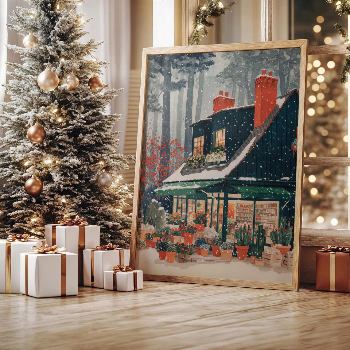 Cozy Snowy Winter Flower Shop Glowing Windows Falling Snow Poster