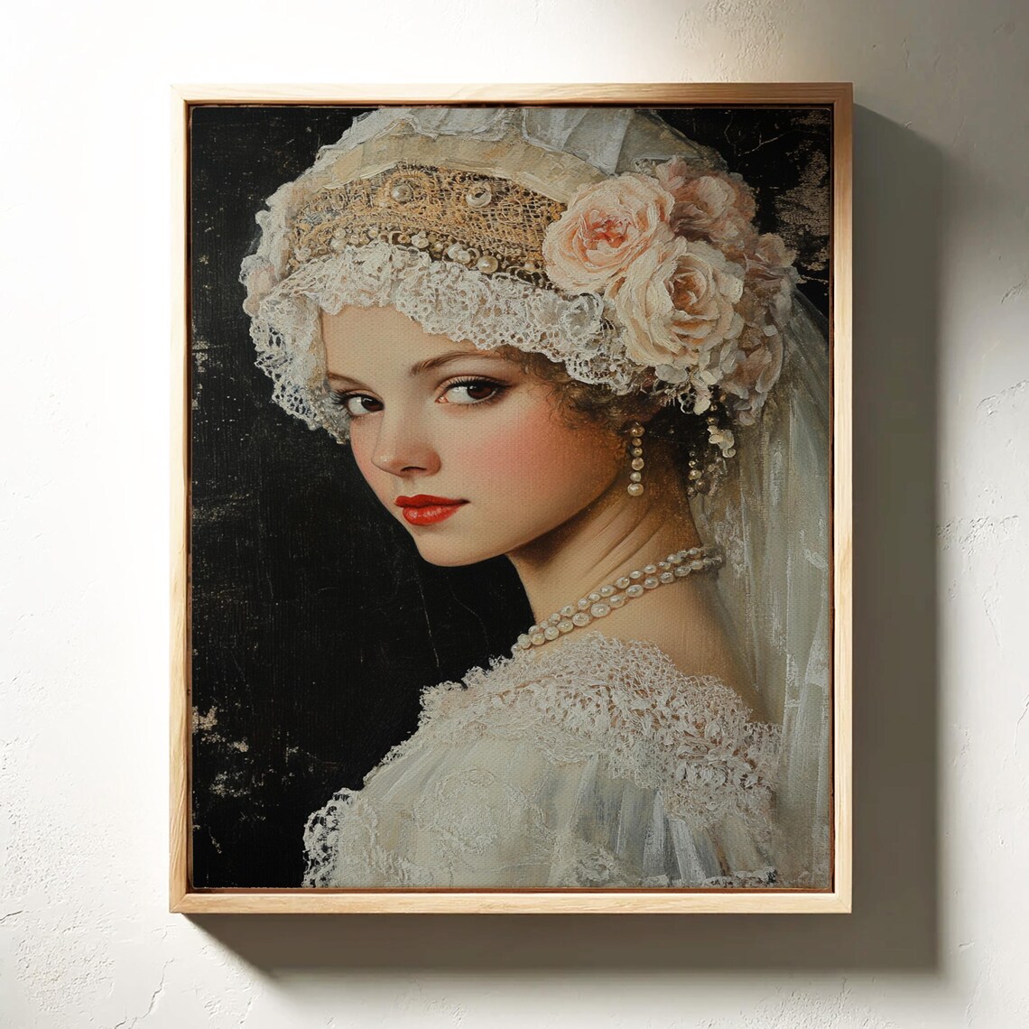 Victorian Lady in Lace Veil with Roses Romantic Oil Portrait Print - Image 6